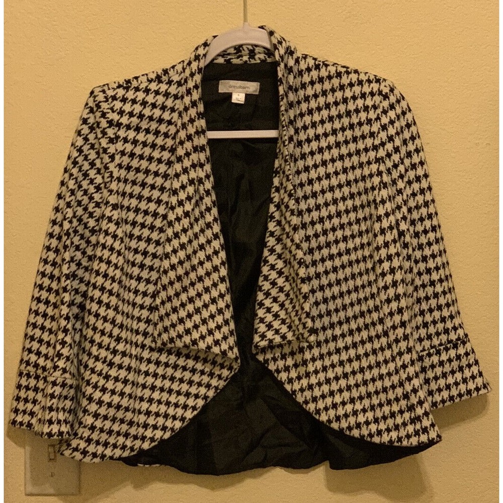 Dressbarn Size S Black White Houndstooth Open Front Cascading Blazer Lined